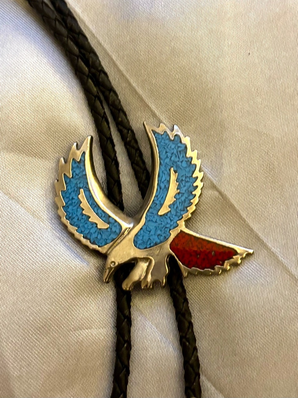 Vintage Silver Eagle Bolo Tie with Turquoise and Coral Inlay